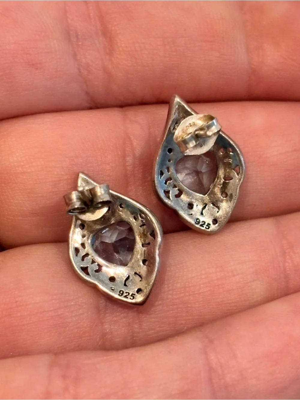 Vintage 925 Sterling Silver Aquamarine Heart Filigree Stud Earrings